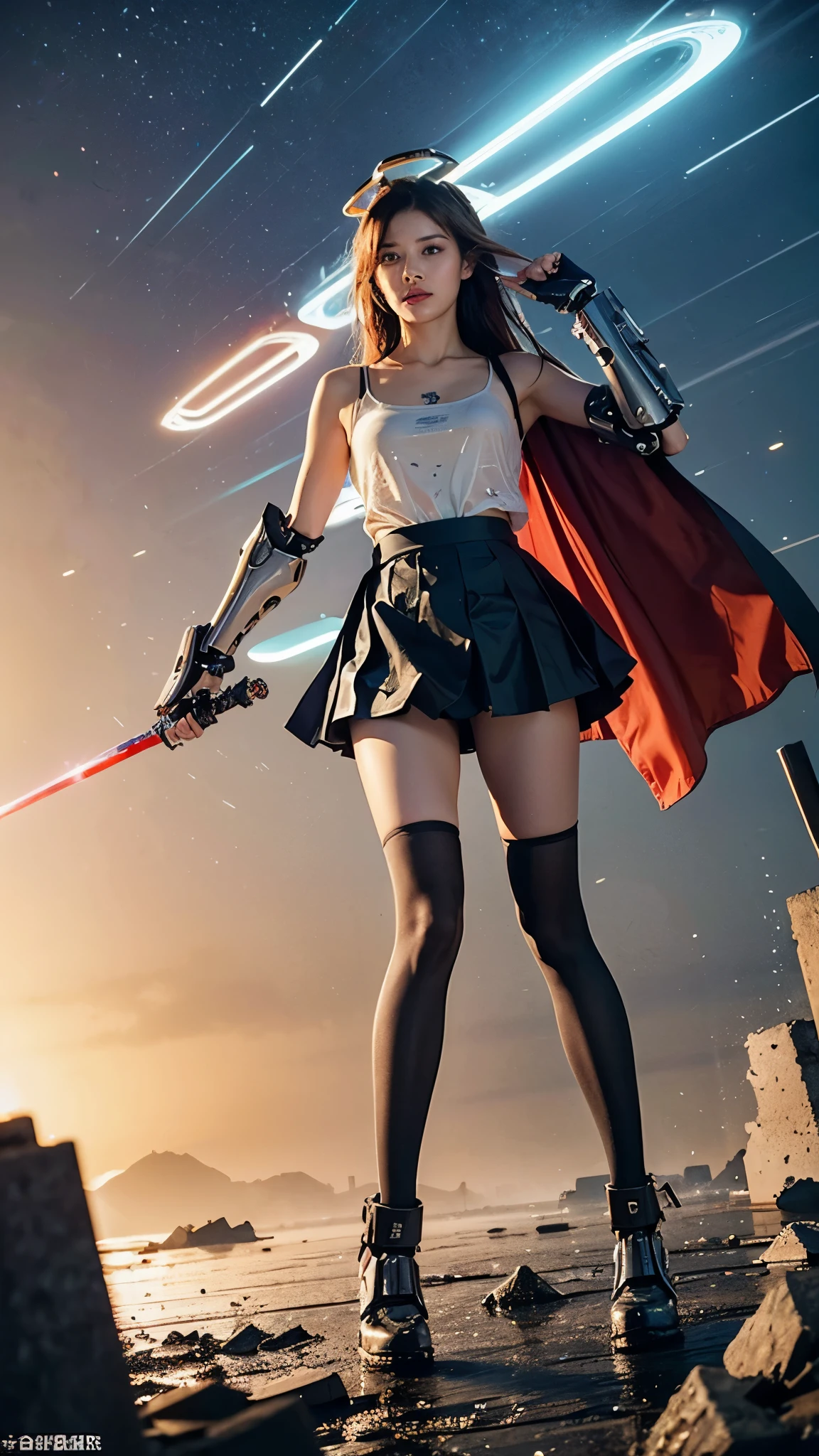 Mecha(dramatic, Grainy, intense:1.4),masterpiece, Highest quality, 32k Ultra HD, Insane Details, Intricate details, Super detailedな, super high quality, Attention to detail, Super detailed, masterpiece, Super View,
Epic CG masterpiece, Soryu Asuka Langley,High resolution,German Touring, Furuha, in the style of Mecha anime, like a god The dancing long knife charging forward Fightfield, Burst Meteor, the fierce Fight of fighting with his life, 8k, Super detailed graphic tension, Dynamic pose, Stunning colors, 3D Rendering, surRealism, cinematic Lighting effects, Realism, 00 Renderer, ultra-realistic, whole body photos, Super View, Ultra Wide Angle, HD Factory, mechanical, Illumination, Light pollution, Cyberpunk 1 person, alone,(masterpiece), (Highest quality), Mecha,Fight, Shine, night,  science_fiction, signature,(Rusty armor:1.2)(At night:1.1),(white hair:1.1)(Optical wings unfold:1.5),
(Light Pollution, laser sword in hand:1.2) (The body is slim, Long legs:1.1)mecha musume, flight, floating, skinny, Thruster, heavy weapons, cannon,Realistic Light, High-Precision Shadows,Ray Tracing,8k,3d,Realistic style,Aggression, Dynamic Perspective,Extremely detailed, Very nice texture,white,Collapsed house,(More drones:1.1),Floating cannon,(Damage from war:1.1), Mechanical arms, Headgear,
whole body,Realistic Skin, realistic Light and shadow, Exposed clavicle, Exposed shoulders{Very delicate and beautiful girl}(Combat Stance:1.3),(ruins Fightfield:1.5),Light,3d,Unreal 5(Mechanical parts emit Light:1.3)(Light pollution:1.3)Sweat(Long legs:1.3),( Very long hair:1.3),(Damaged clothing:1.3)BREAK,(I was injured:1.2),(There is a halo behind:1.1),lens halo,(very long Mechanical skirt:1.8),(very long Mechanical cape:1.1),
To the audience,(Raise a weapon in your hand:1.1),(Messy Hair:1.2), (Attacking spectators with weapons:1.1)Person in black,( Wet Hair:1.4)(Black transparent pantyhose:1.1)(Light anger:1.1)(More halo:1.5)(Floating Cape and Skirt:1.1)(Wicked Smile:1.1), (Re