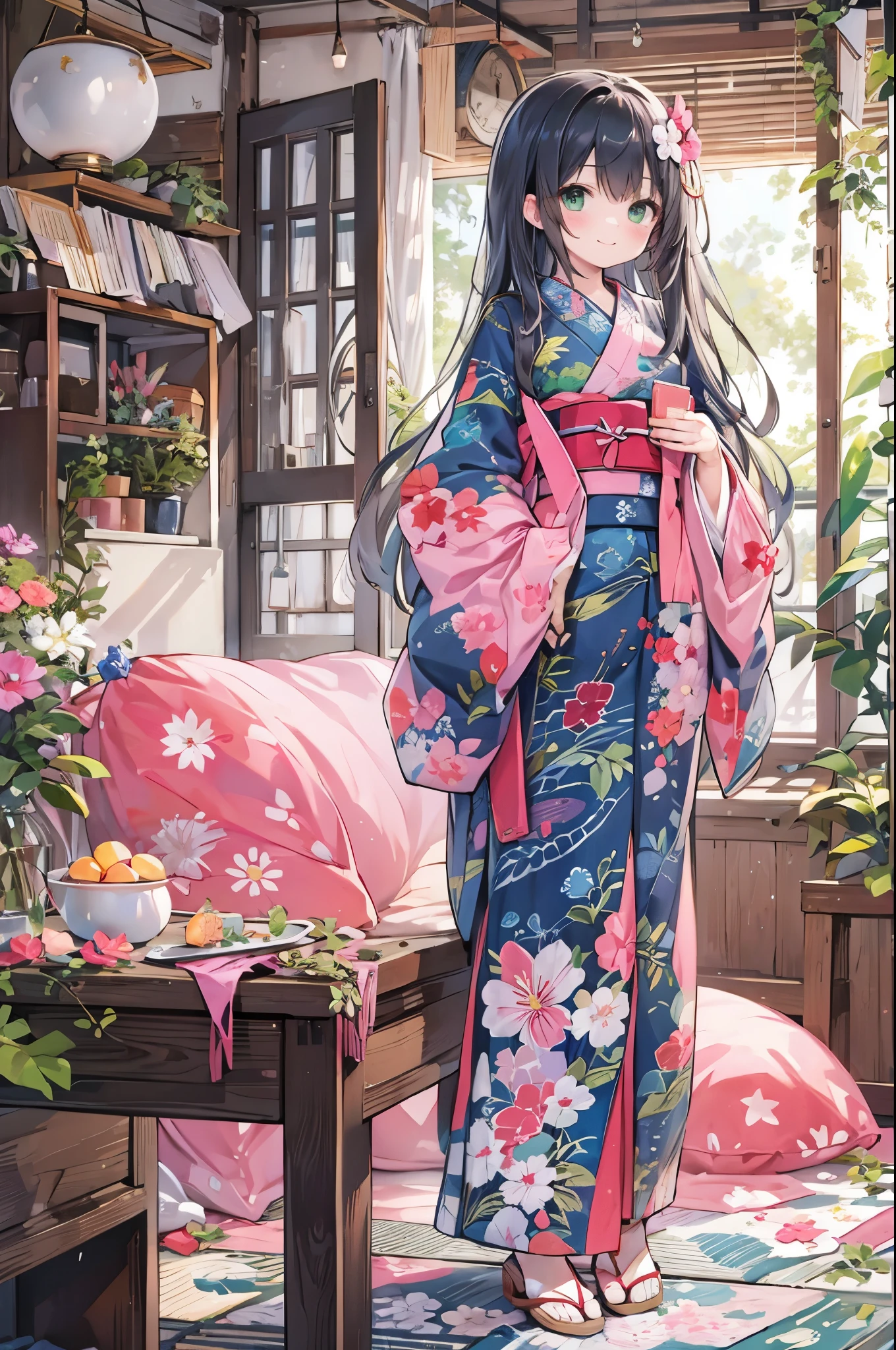 ((Highest quality, 8k, masterpiece: 1.3)), whole body,1 personの,1 person,,Glamorous Body,cute,smile,Black Hair,Beautiful emerald green eyes,long hair,get up,((yukata,Ankle-length hem,Bright pink fabric with morning glory pattern)),night,In the room,