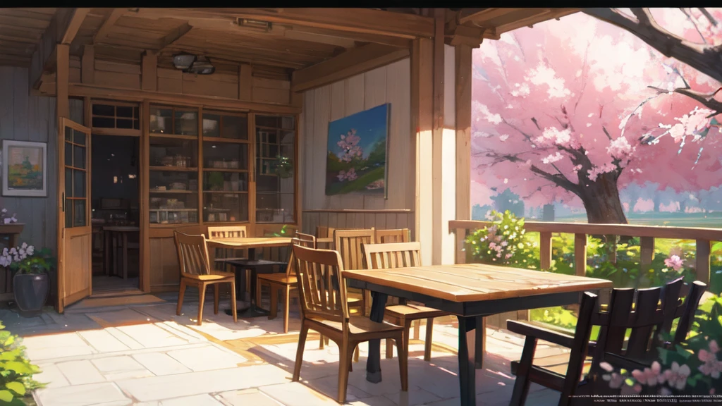 There is a picture of a patio with a table and chairs, cozy cafe background, highly detailed digital paintings, highly detailed digital paintings, immensely detailed scene, relaxing concept art, highly detailed illustrations.」, beautiful digital artwork, Beautiful artwork illustration, highly-detailed digital painting, Anime background art, highly detailed illustrations, Highly detailed digital artwork, Drawn at Anime Painter Studio, Cherry blossom