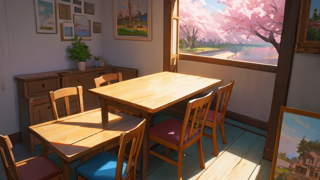 There is a picture of a patio with a table and chairs, cozy cafe background, highly detailed digital paintings, highly detailed digital paintings, immensely detailed scene, relaxing concept art, highly detailed illustrations.」, beautiful digital artwork, Beautiful artwork illustration, highly-detailed digital painting, Anime background art, highly detailed illustrations, Highly detailed digital artwork, Drawn at Anime Painter Studio, Cherry blossom