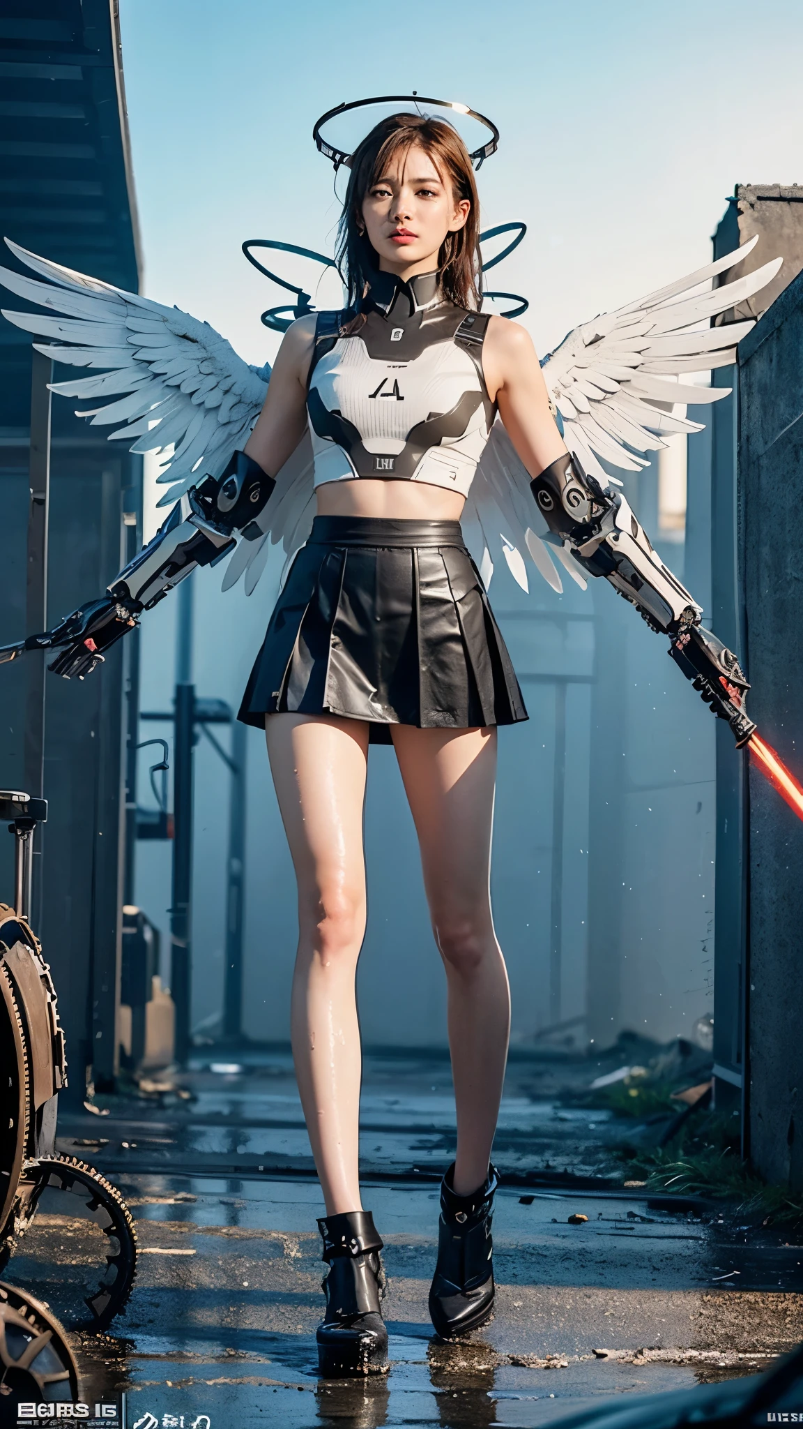 Mecha(dramatic, Grainy, intense:1.4),masterpiece, Highest quality, 32k Ultra HD, Insane Details, Intricate details, Super detailedな, super high quality, Attention to detail, Super detailed, masterpiece, Super View,
Epic CG masterpiece, Soryu Asuka Langley,High resolution,German Touring, Furuha, in the style of Mecha anime, like a god The dancing long knife charging forward Fightfield, Burst Meteor, the fierce Fight of fighting with his life, 8k, Super detailed graphic tension, Dynamic pose, Stunning colors, 3D Rendering, surRealism, cinematic Lighting effects, Realism, 00 Renderer, ultra-realistic, whole body photos, Super View, Ultra Wide Angle, HD Factory, mechanical, Illumination, Light pollution, Cyberpunk 1 person, alone,(masterpiece), (Highest quality), Mecha,Fight, Shine, night,  science_fiction, signature,(Rusty armor:1.2)(At night:1.1),(white hair:1.1)(Optical wings unfold:1.5),
(Light Pollution, laser sword in hand:1.2) (The body is slim, Long legs:1.1)mecha musume, flight, floating, skinny, Thruster, heavy weapons, cannon,Realistic Light, High-Precision Shadows,Ray Tracing,8k,3d,Realistic style,Aggression, Dynamic Perspective,Extremely detailed, Very nice texture,white,Collapsed house,(More drones:1.1),Floating cannon,(Damage from war:1.1), Mechanical arms, Headgear,
whole body,Realistic Skin, realistic Light and shadow, Exposed clavicle, Exposed shoulders{Very delicate and beautiful girl}(Combat Stance:1.3),(ruins Fightfield:1.5),Light,3d,Unreal 5(Mechanical parts emit Light:1.3)(Light pollution:1.3)Sweat(Long legs:1.3),( Very long hair:1.3),(Damaged clothing:1.3)BREAK,(I was injured:1.2),(There is a halo behind:1.1),lens halo,(very long Mechanical skirt:1.8),(very long Mechanical cape:1.1),
To the audience,(Raise a weapon in your hand:1.1),(Messy Hair:1.2), (Attacking spectators with weapons:1.1)Person in black,( Wet Hair:1.4)(Black transparent pantyhose:1.1)(Light anger:1.1)(More halo:1.5)(Floating Cape and Skirt:1.1)(Wicked Smile:1.1), (Re
