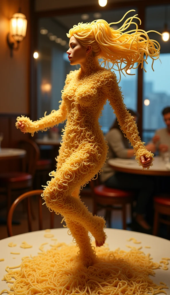 Woman made of noodles on a table; background behind is a restaurant.and she is dancing on that table with one leg