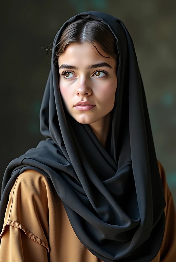 Taking a picture of someone, A girl from , 1.45 meters tall, gentle face with European features, plain face, wearing a hijab, Very beautiful, wearing a long-sleeved robe
