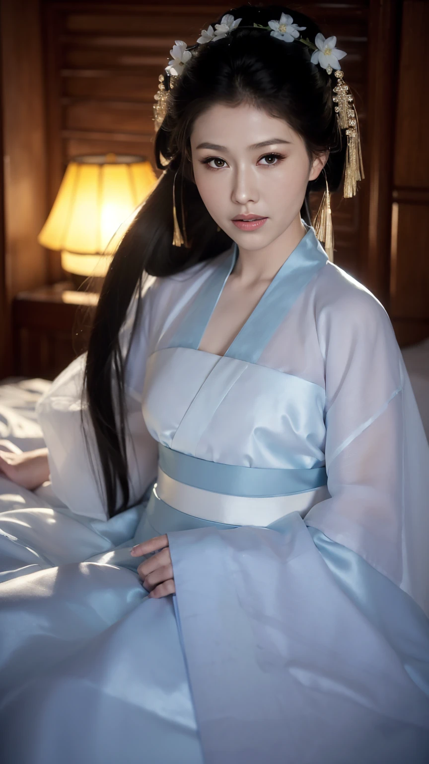 1 Fashion Model [[[[close up]]]], [[[[neck]]]], [[[[Shoulder]]]], (((Complete head)))，(((Complete hairstyle)))，Perfect eyes, Perfect Iris，Perfect lips，Perfect Teeth，Perfect skin，White skin，Soft headlights，High-density imaging，Black long hair，（Clean and delicate face），((Simple white Hanfu))，((Half-length photo))，((night))，((Chinese Lanterns))，((Various dynamic poses))，((The background is the bedroom))，best quality，masterpiece，（Soft colors：1.2）