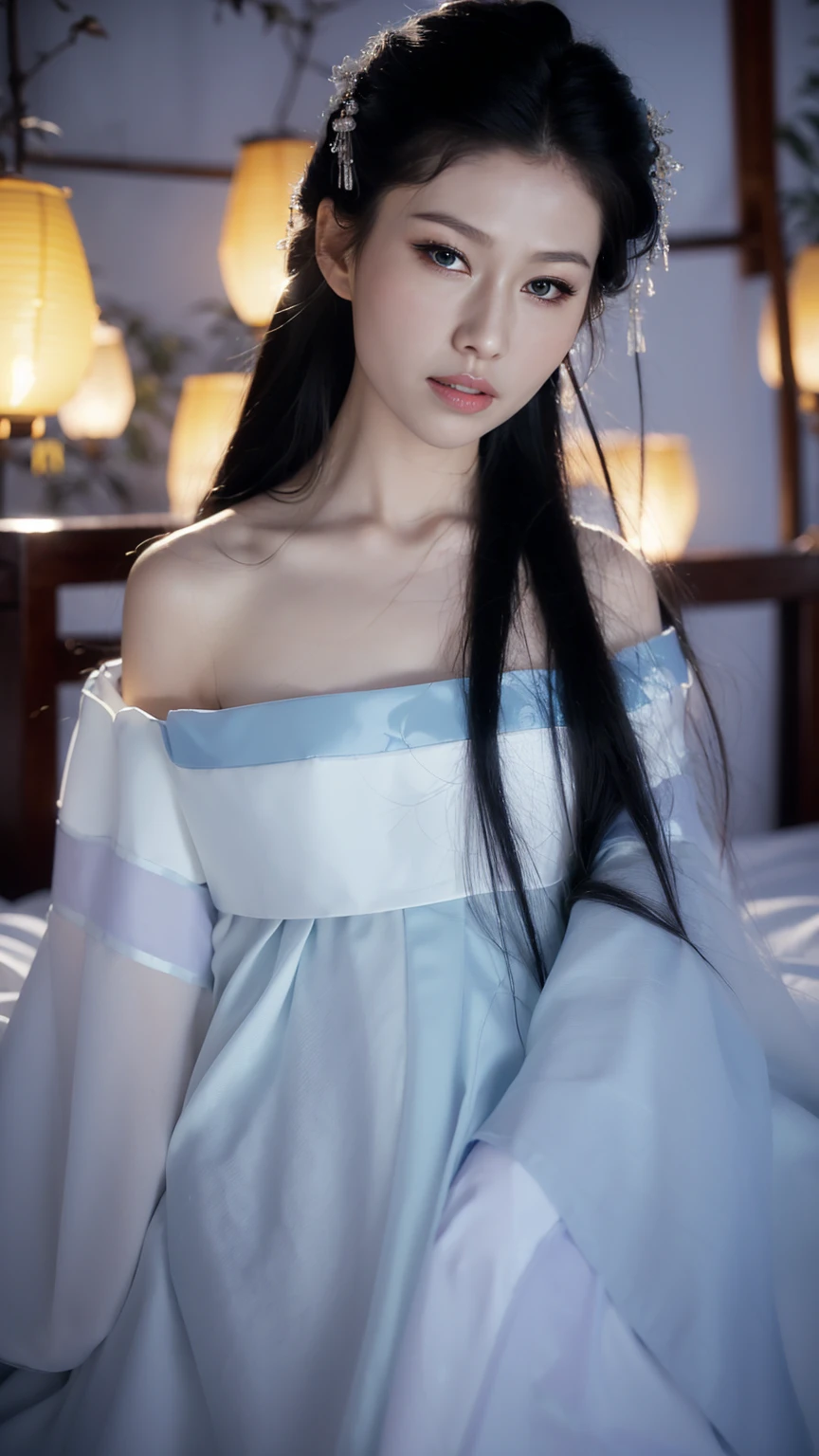1 Fashion Model [[[[close up]]]], [[[[neck]]]], [[[[Shoulder]]]], (((Complete head)))，(((Complete hairstyle)))，Perfect eyes, Perfect Iris，Perfect lips，Perfect Teeth，Perfect skin，White skin，Soft headlights，High-density imaging，Black long hair，（Clean and delicate face），((Simple white Hanfu))，((Half-length photo))，((night))，((Chinese Lanterns))，((Various dynamic poses))，((The background is the bedroom))，best quality，masterpiece，（Soft colors：1.2）