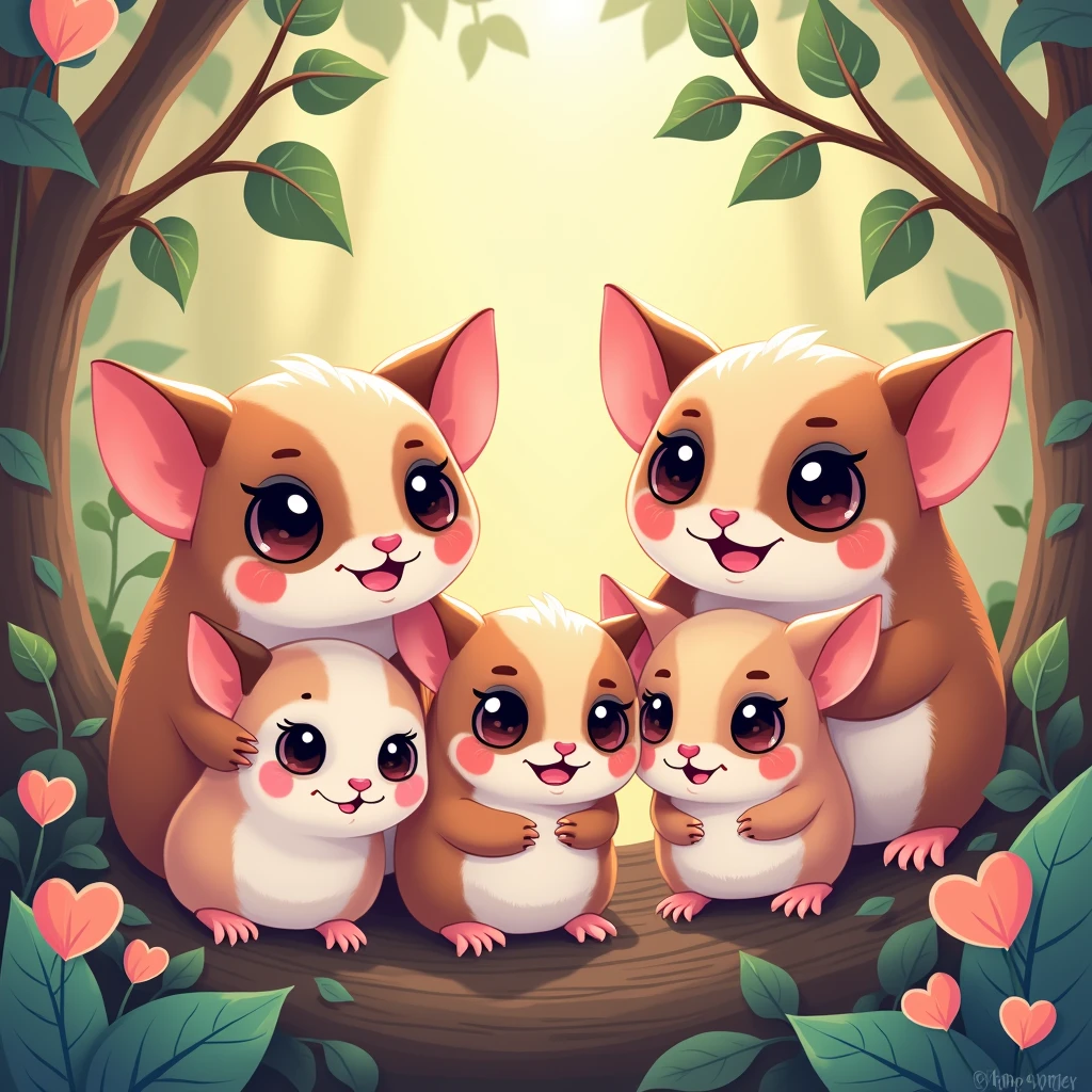 Chibi Style, 2-panel cartoon, dot halftone, Flat Color, Sugar gliders living in a group of four,There is one male and three females,I&#39;m in the case,happiness/joy, 
