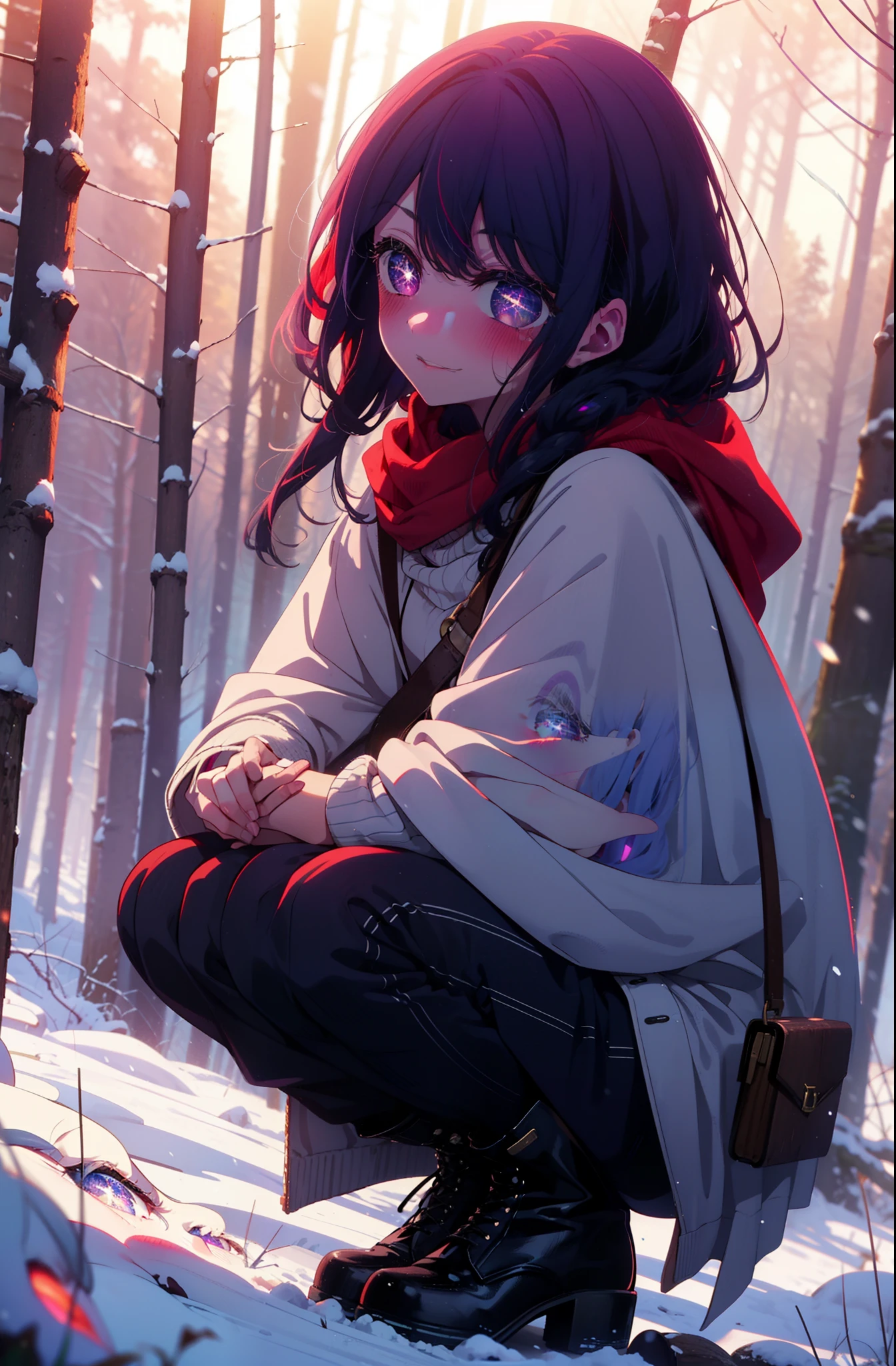 aihoshino, Ai Hoshino, Long Hair, bangs, (Purple eyes:1.1), Purple Hair, (Symbol-shaped pupil:1.5), smile,,smile,blush,white breath,
Open your mouth,snow,Ground bonfire, Outdoor, boots, snowing, From the side, wood, suitcase, Cape, Blurred, , forest, White handbag, nature, Squat, Mouth closed, Cape, winter, Written boundary depth, Black shoes, red Cape break looking at viewer, Upper Body, whole body, break Outdoor, forest, nature, break (masterpiece:1.2), Highest quality, High resolution, unity 8k wallpaper, (shape:0.8), (Beautiful and beautiful eyes:1.6), Highly detailed face, Perfect lighting, Extremely detailed CG, (Perfect hands, Perfect Anatomy),