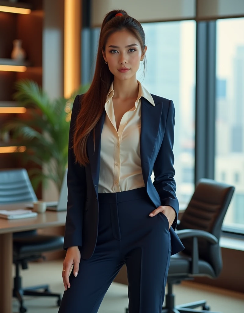 Vietnam women are very sexy, Sensual look, look directly, perfectly toned body, View your viewers, Pale skin, blue eyes, With long bangs、Long, flowing brown ponytail, ((Sophisticated, Navy tailored pantsuit with fitted blazer, High waist pants, and、Soft cream silk blouse)), mascara, eye shadow, Beautiful Face, Intricate details, Random standing poses, Ray Light, CEO's Office, Clean and detailed CEO office for background, (masterpiece, 16K, Ultra high definition, Absurd, A seductive smile, Highest quality, Accurate, RAW Photos, Textured skin), Wide-angle, (Professional photo by Toru Muranishi: 1.5) (masterpiece, Highest quality), One person, Short black hair, 2, Sitting at a desk, Working with a laptop, Professional attire, Focused Expression, Indoor office environment, Concentrated expression, Indoor office environment, has a luxurious desk, behind which there is a glass panel that overlooks the splendid high-rise buildings in America, Image size 9: 16