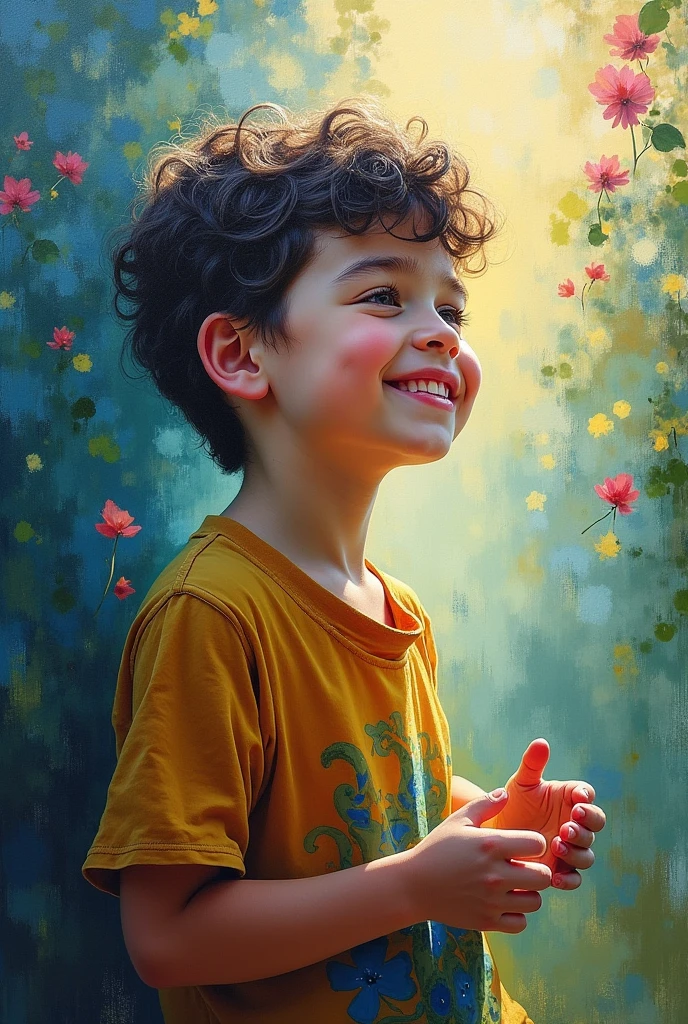 Create an impressionism painting of a young autistic boy who loves music