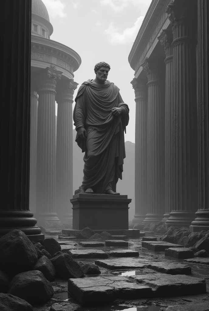 dark landscape image of an ancient greek society deeply connected to stoicism, black and white, ancient greek architecture, include one single big statue of a stereotypical strong greek man, marcus aurelius 