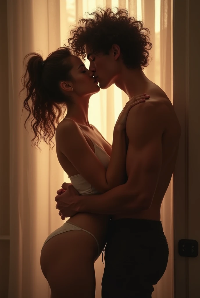 A short girl with big tits making out with a tall boy with curly hairs