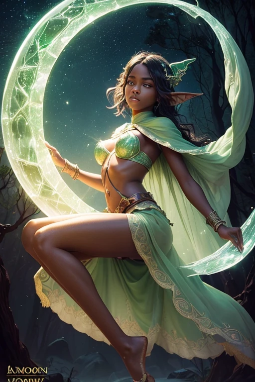 A young elvish girl with African features, riding a animal, lovely charming face, having jade green skin tone pigmenting texture , ( full body perfect detailed masterpiece), ( dark skin tone texture masterpiece ), (tomboyish hairstyles look), ( having a illuminating jade green gemstone crystalized wavy short hair ), ( has a elvish tattoos ),(( wearing helmet of elvish design)), (serious, with exposed teeths showing open mouth)(perfect full body detailed anatomy), (Super accessories detailed), (fighting pose), (perfect detailed crystal green sparkling eyes),(wearing illuminating gemstone crystalized accessories hair), ((expose big breast hard erect nipples))(( exposed panty, with pussy clitoris exposed and slip showing))((legs wide open showing pussy line))(( Wearing transparent illuminating see thru costume elves )), (( holding a treasure bow )), (( illuminating different lights covering the sorrounding atmosphere forest with rivers moon showing)) many flora and fona rarity, on its back wearing elvish cape detailed design, has a angry face, 7 different perspective view of that same girl & face profile sheet character style