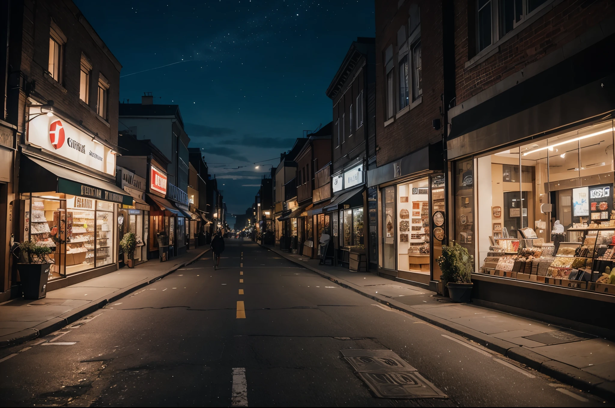 quiet night at city, POV, walking on street view, realism, ultra HD result, 4k, very detailed, midnight, no lights, closed stores, no people