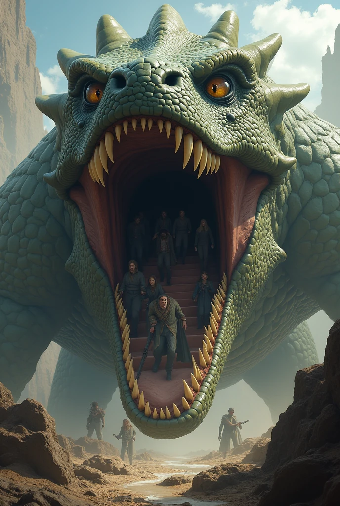 The muscular dragon opened its mouth and there were people in its mouth.