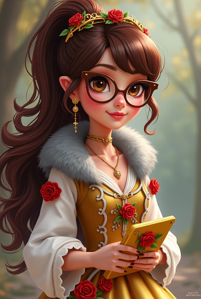 Imagem da filha da Ramona Badwof e da Rosabella Beauty de Ever After High: Must have the wavy brown ponytail with bangs, and it&#39;s to have red highlights in the hair, first of all, light brown eyes, brown glasses with a red rose, long white blouse with red roses and green leaves on the blouse and sleeves, golden skirt with golden roses, a faux fur collar around the neck of gray color, brown high heel boots with roses, golden flower tiara on head, wolf earrings, wolf pendant and a yellow tablet with red roses in hands