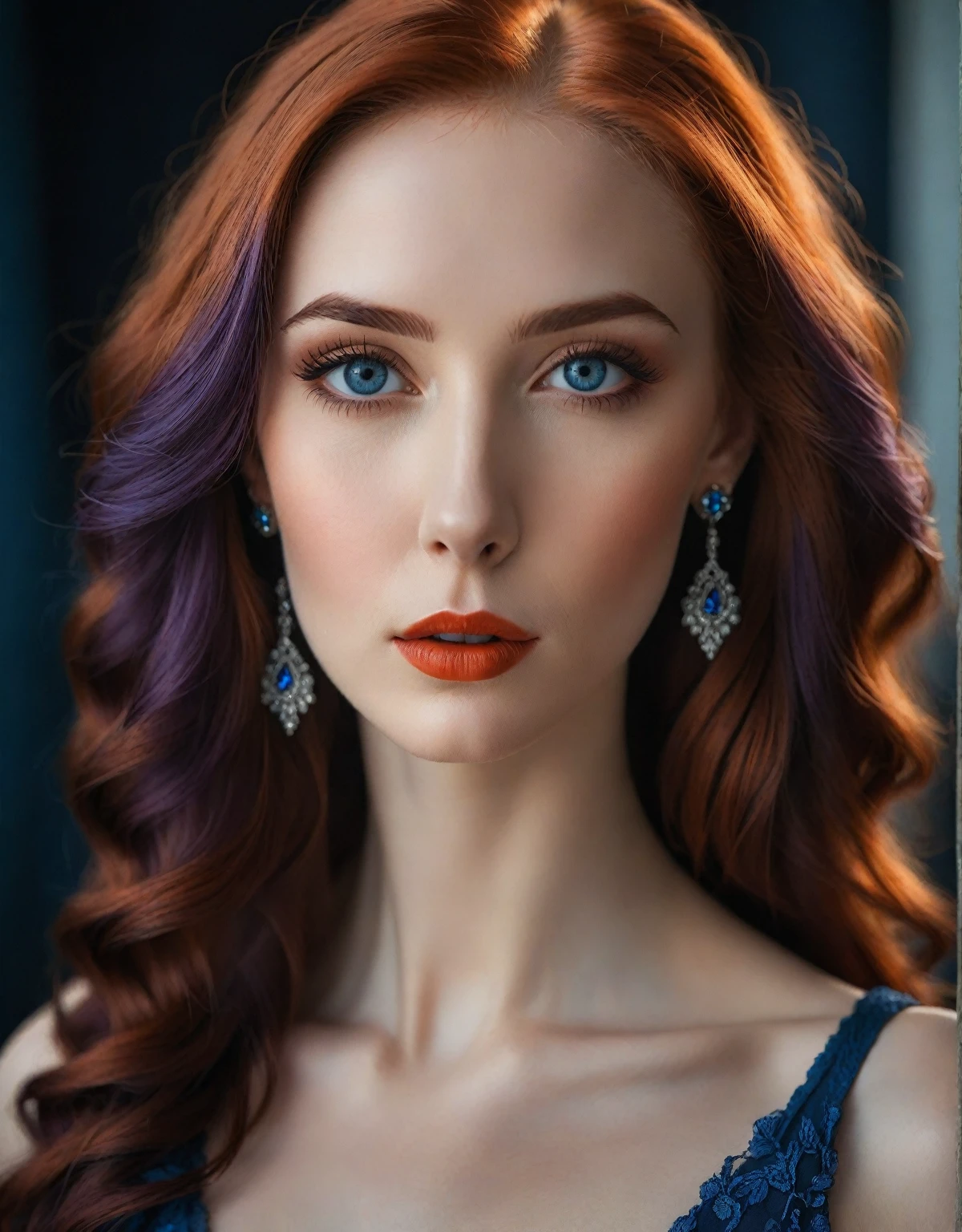 a beautiful woman, dark platinum with a hint of orange_blueberry hair color, porcelain skin, detailed realistic portrait, elegant facial features, piercing blue eyes, lush long eyelashes, perfectly shaped eyebrows, delicate nose, full red lips, flawless skin, soft lighting, warm color palette, cinematic composition, highly detailed, photorealistic, 8k, best quality, masterpiece