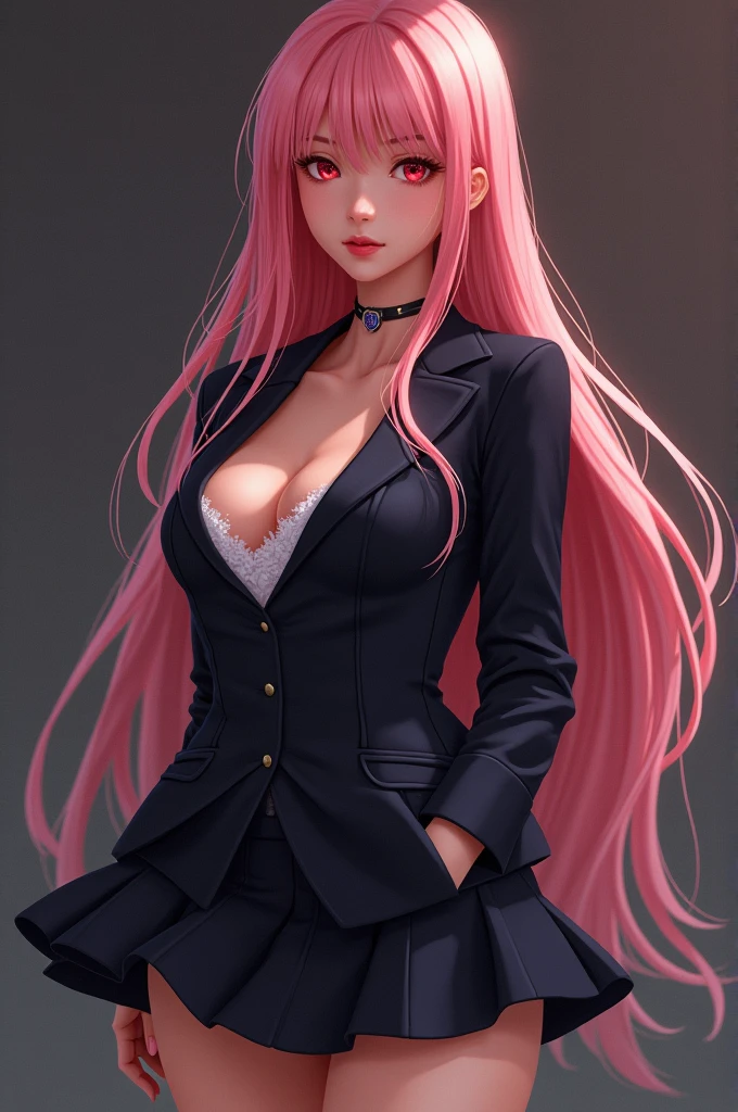 (RAW photo, best quality), (realistic, photo-realistic:1.3), masterpiece, an extremely delicate and beautiful, extremely detailed, CG, unity , 2k wallpaper, Amazing, finely detail, light smile, extremely detailed CG unity 8k wallpaper, huge filesize, ultra-detailed, highres, absurdres, soft light, (((medium hair:1.3), short bang, pink hair, floating hair novafrogstyle)), beautiful detailed girl, detailed fingers, extremely detailed eyes and face, beautiful detailed nose, beautiful detailed eyes, long eyelashes, light on face, looking at viewer, (closed mouth:1.2), 1girl, cute, young, mature face, (full body:1.3), ((small breasts)), realistic face, realistic body, beautiful detailed thigh, (ulzzang-6500-v1.1:0.8), business suit, cross-laced clothes, collared shirt, open clothes, in office, detailed office, open cardigan, black thighhighs, miniskirt, black underwear, unbuttoned shirt,