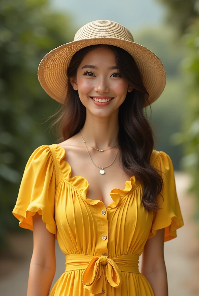 highest quality、4K、Perfect Face、Perfect Style、perfect body、Sunburn、beautiful lady、mature、long curly layer brown hair、Swept-back hair、full body, sexy 、charming、healthy、beige cap with brim、giddy-smile、jeans、at park、yellow sleeveless shirt