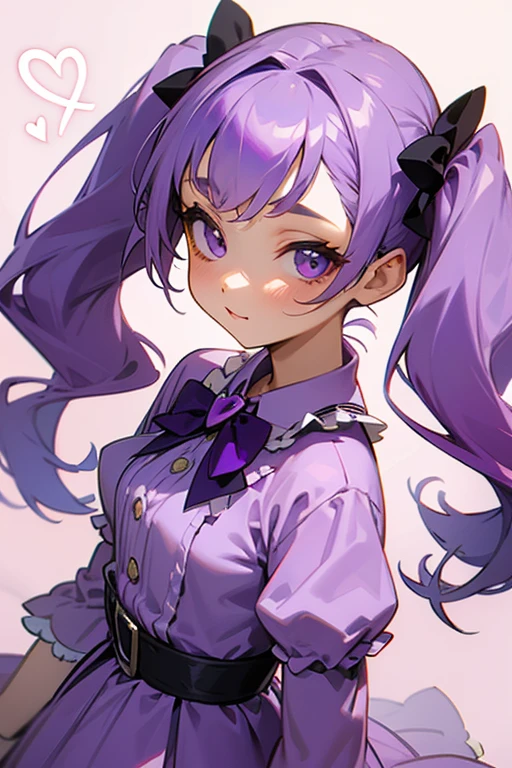 Girl with purple hair with pigtails in her hair, wearing a lilac dress with hearts 