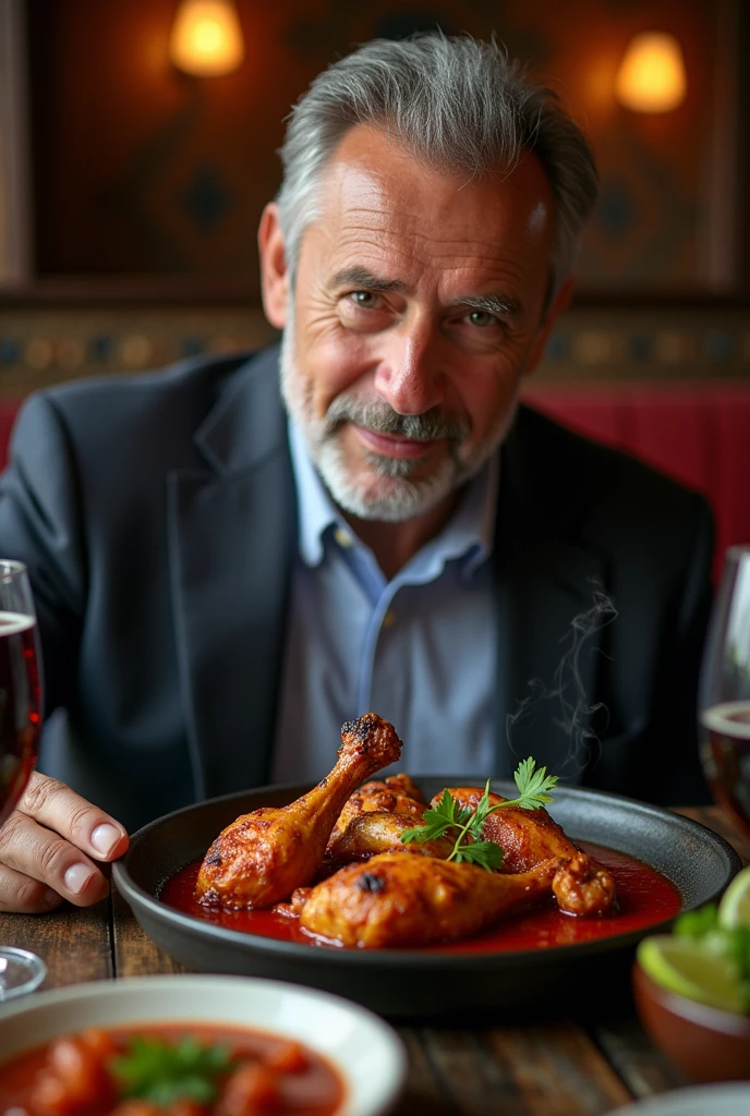 A man eats chicken tandoori