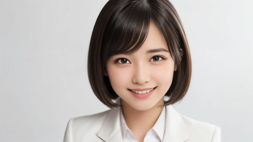 (Realistic: 1.4), (Highest quality: 1.4), (fine grain), ((White Background)), ((Management)), ((One Young Woman)), Black Hair, ((suit)), Big eyes, Blushed, ((smile)), Highly detailed face and skin texture, Healthy Skin, 8k resolution