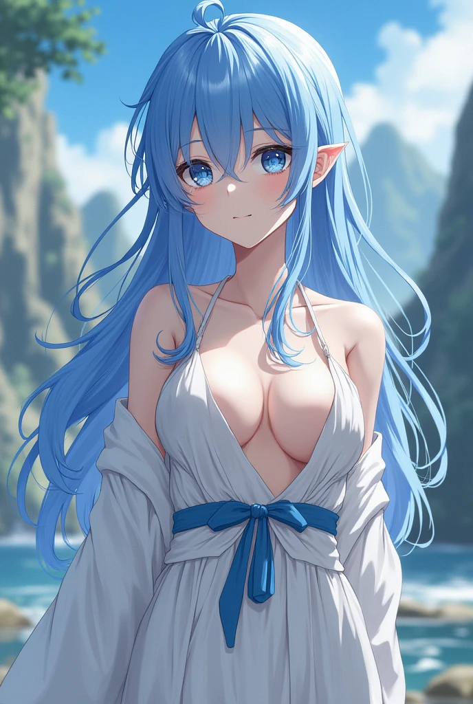 Blue Hair。White Skin。Elf。Beauty。Big Breasts。White thin clothing。unlined kimono。Nipples。valley。Mechanical rape。