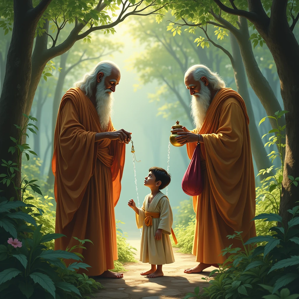  Two Hindu saints were passing through the forest , The Hindu saint had a kamandal in one hand and a red bag in the other hand. He poured water from his kamandal on the child's eyes
