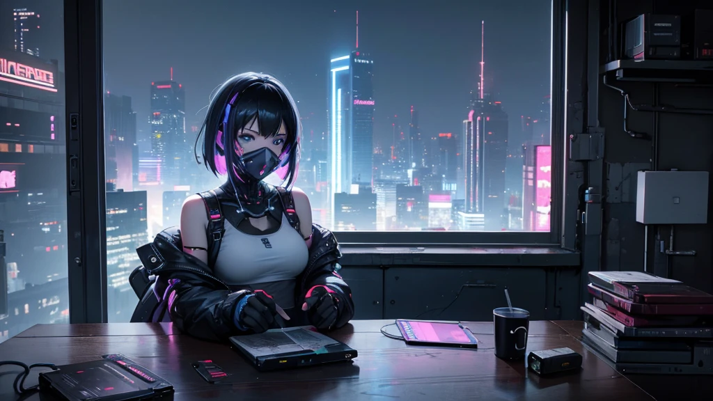 One person, alone, mask, Landscape,Looking out the window,cyber punkシティの夜,Relax in a modest bed,Edge of the screen,Short Hair,, whole body, Black Hair, mouth mask, blue eyes, White tank top, A large room for a single person with a large glass window covering the entire wall, , Halftone, cable,Neon Light,(cyber punk:1.2),(super high quality:1.3),masterpiece,(High definition),HDR,8k
