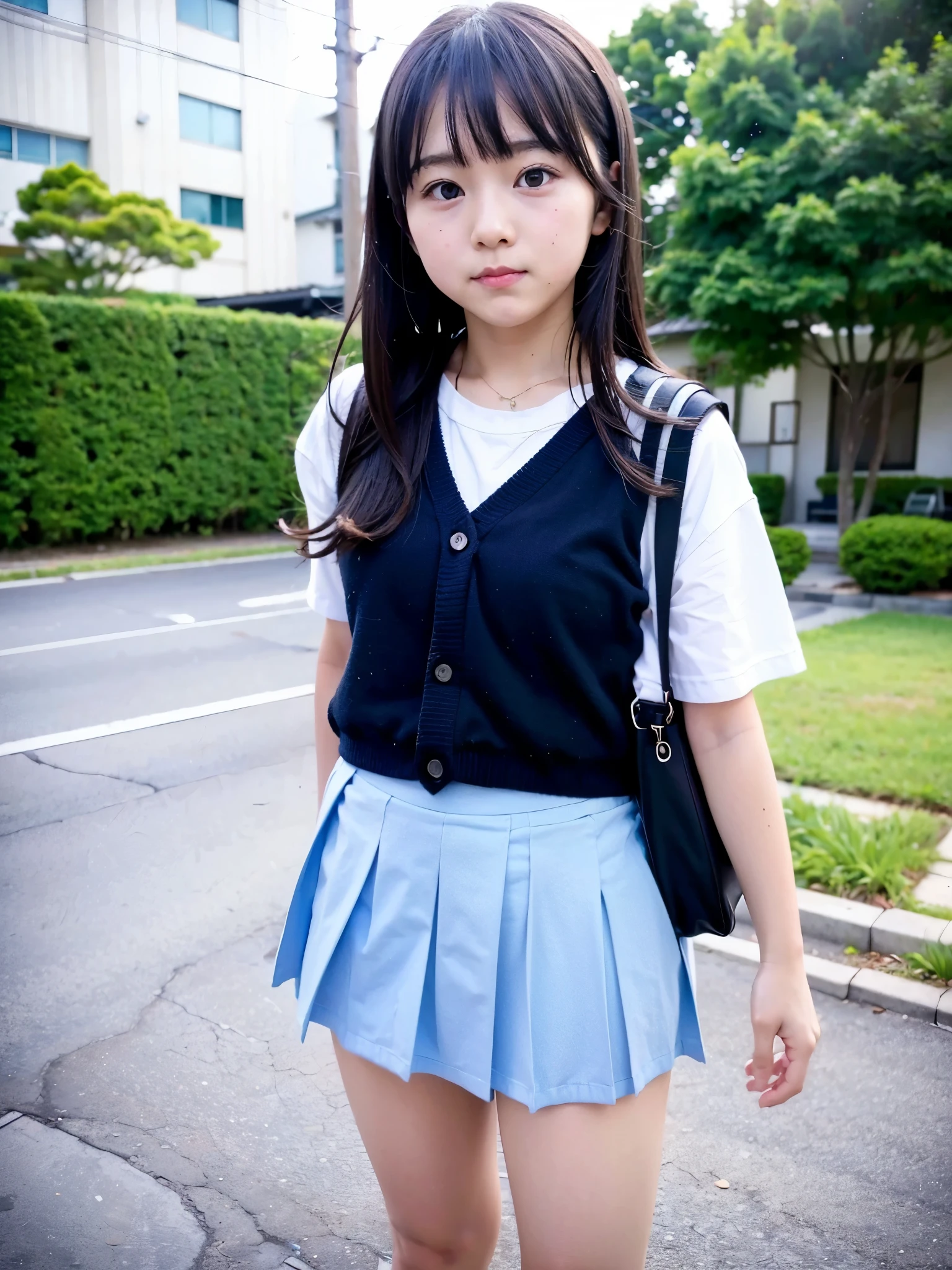 Japanese elementary school girl, baby face, cute, casual clothes, residential area, summer