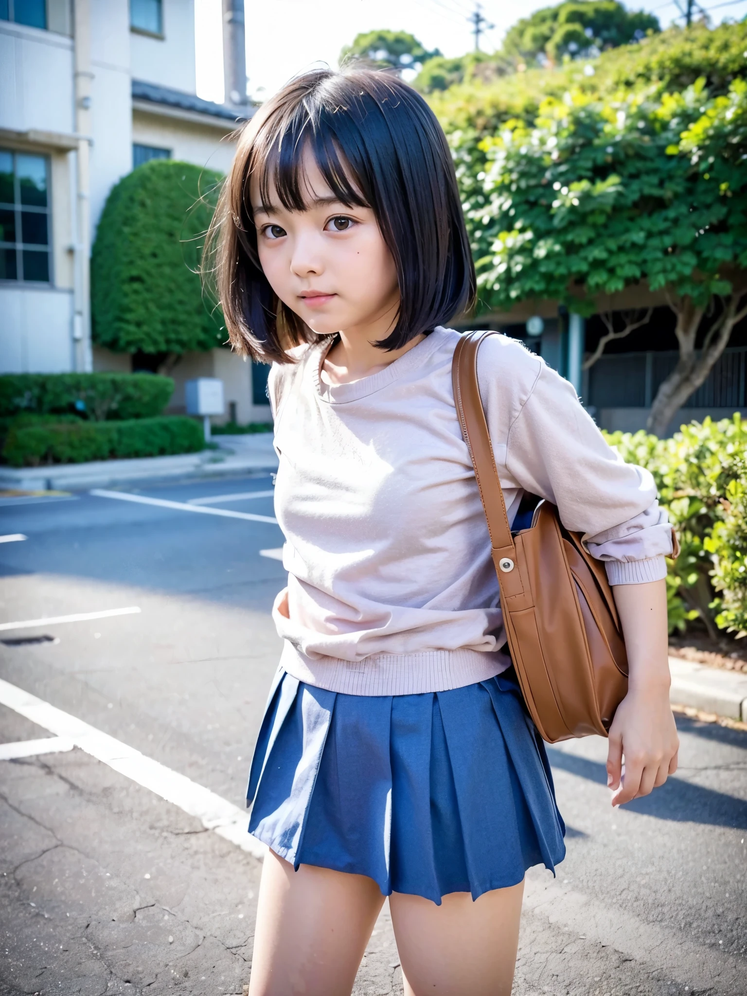 Japanese elementary school girl, baby face, cute, casual clothes, residential area, summer