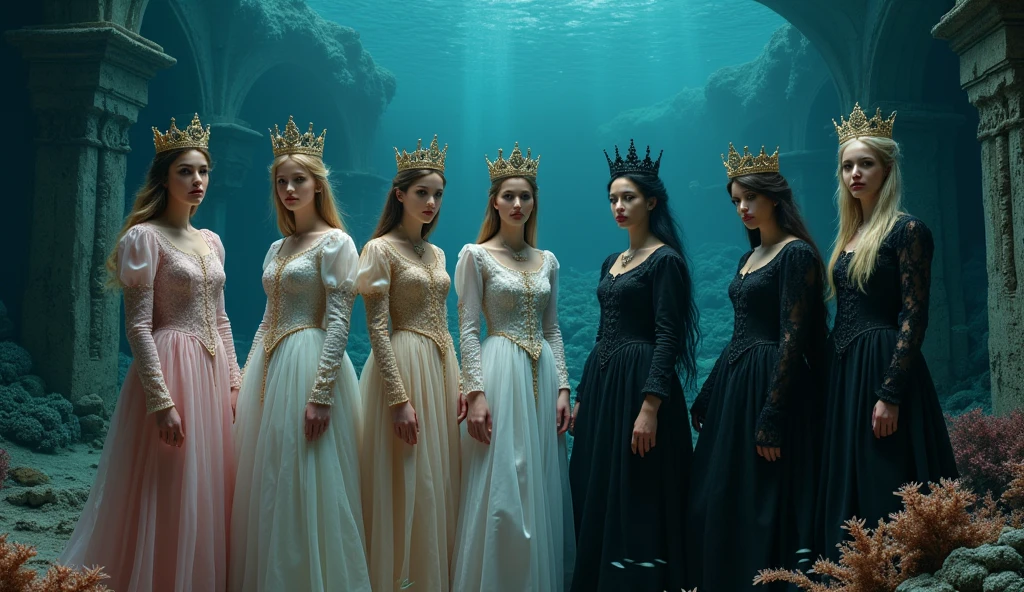 Extra wide angle 16:9. Portrait. A super-realistic 18 y.o. beautiful queen sisters and friends mixed tight together each in different poses, europeans. 3 queens are dressed in a black many layered medieval lace-dresses in many layered riven and flowing with gothic garnish. beautiful realistic fine detailed eyes 1:1, black long flowing hair with black crowns. 4 queens have light blonde long hair, wearing shiny-gold crowns with pink crystals, dressed in a white and pale pink lace, medieval dresses 1:1. All the queens have best perfect hands, five fingers on each hand, small breasts cleavage, (fine detailed perfect eyes 1:1). Hyper detailed skin on body 1:1. Their doll like faces have perfect detailed skin 1:1. They are all floating differently in a dark deep sea above a((big medieval ballroom very old realistic 1:3) in an old gothic perished palace)) on the bottom of the sea. Night scene. Tons of Mar-eels everywhere glowing in the dark. On the bottom of the palace floor are pink corals. Sea moss. Bright colored blue, pink, orange, green fishes swimming around. Octopus. Treasure chest with gold coins and jewelry in it. A fantastic scene that uses 3D Surreal 3D model.The entire setup is masterpiece 1:3 framed with the grandeur of medieval gothic style. photographed in a Canon EOS R5, 50mm Lens, F/2.8, (8K)"