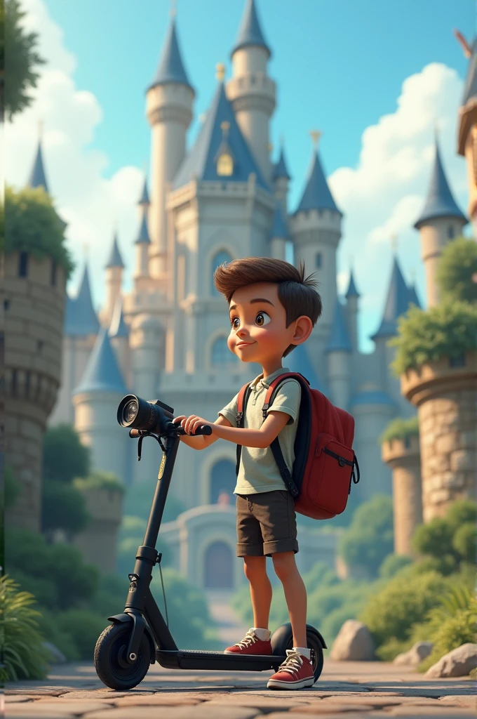 A boy avatar with his camera, his electric scooter facing a castle