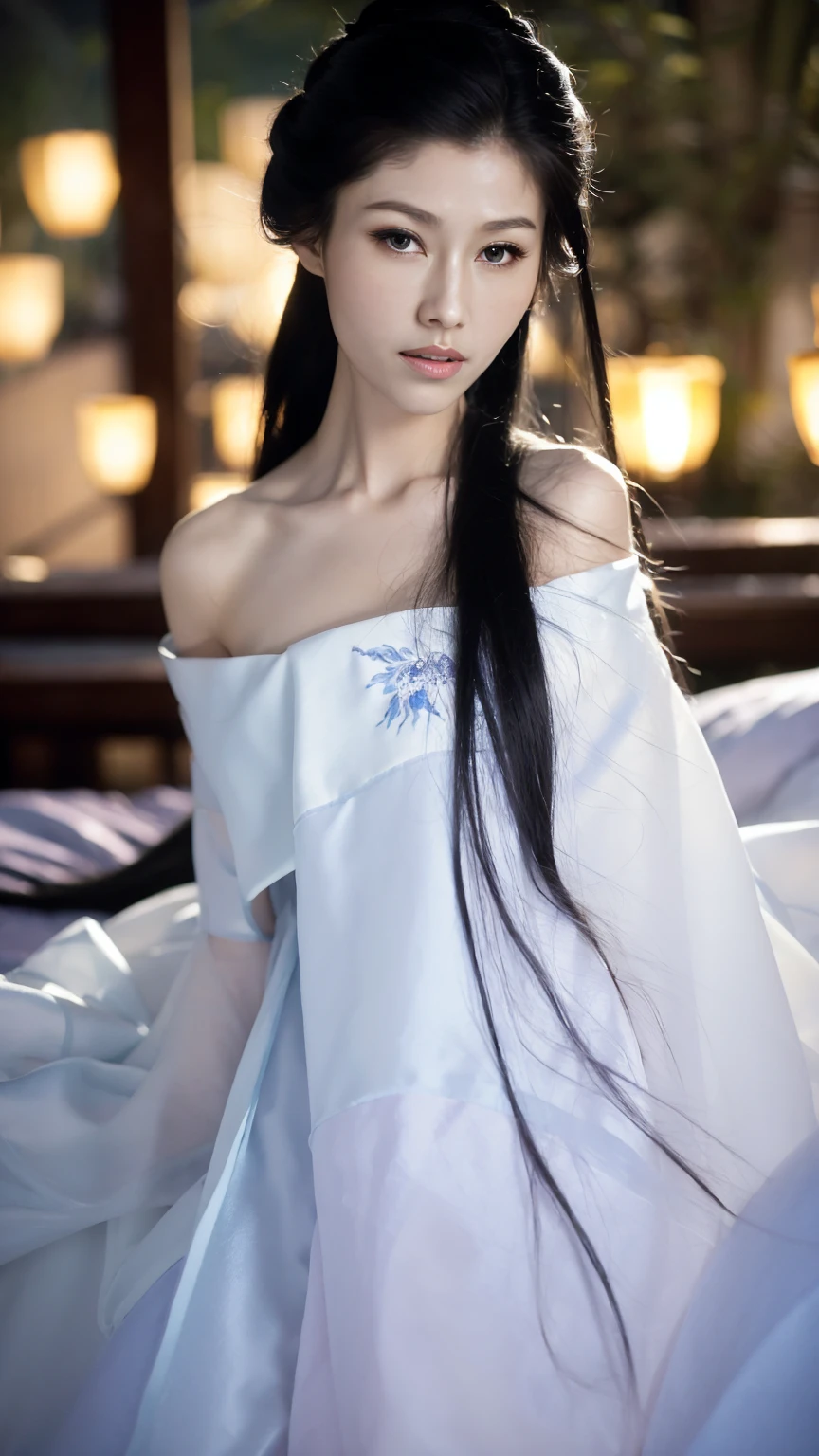 1 Fashion Model [[[[close up]]]], [[[[neck]]]], [[[[Shoulder]]]], (((Complete head)))，(((Complete hairstyle)))，Perfect eyes, Perfect Iris，Perfect lips，Perfect Teeth，Perfect skin，White skin，Soft headlights，High-density imaging，Black long hair，（Clean and delicate face），((Simple white Hanfu))，((Half-length photo))，((night))，((Chinese Lanterns))，((Various dynamic poses))，((The background is the bedroom))，best quality，masterpiece，（Soft colors：1.2）
