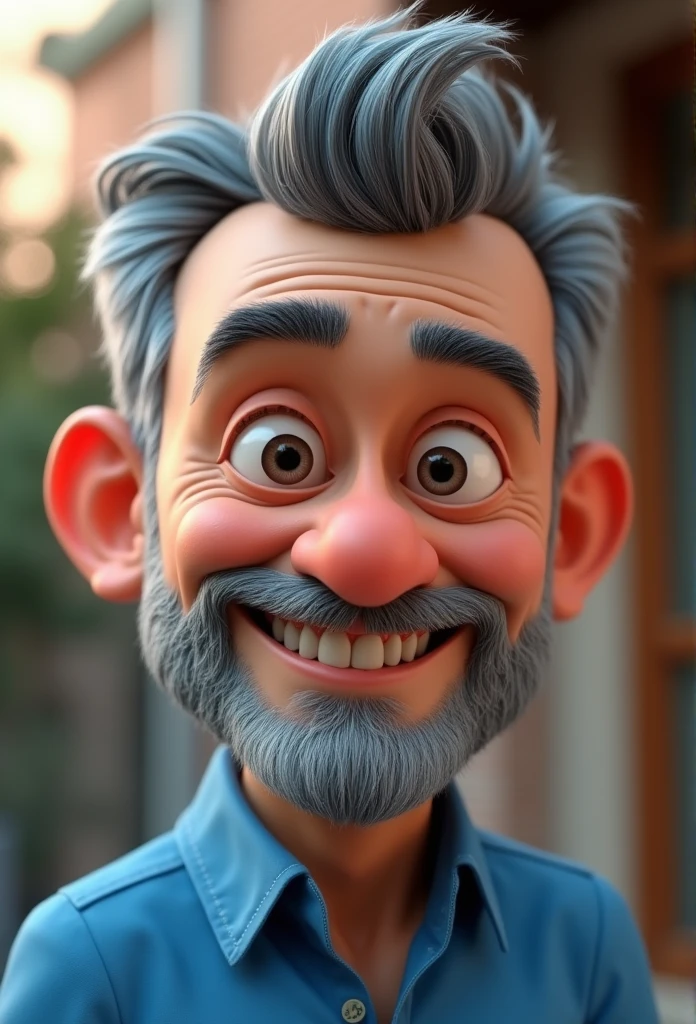 Cartoon character of a man in a blue shirt, 40 year old, with gray beard, short hair with quiff, animation character, stylized character, animation style rendering, 3d stylized, Arnold Maya rendering, Stylized 3D rendering, toon render screenshot, 3d character, 3d character, Stylized 3D rendering, 3D character rendering, cartoon character, Personagem de close up, character posing, (Pixar-style) (master part:1.2) (bokeh) (best qualityer) (skin detailed) (detailed texture) (8k) (Argilla) (cinematic lighting) (sharp focus