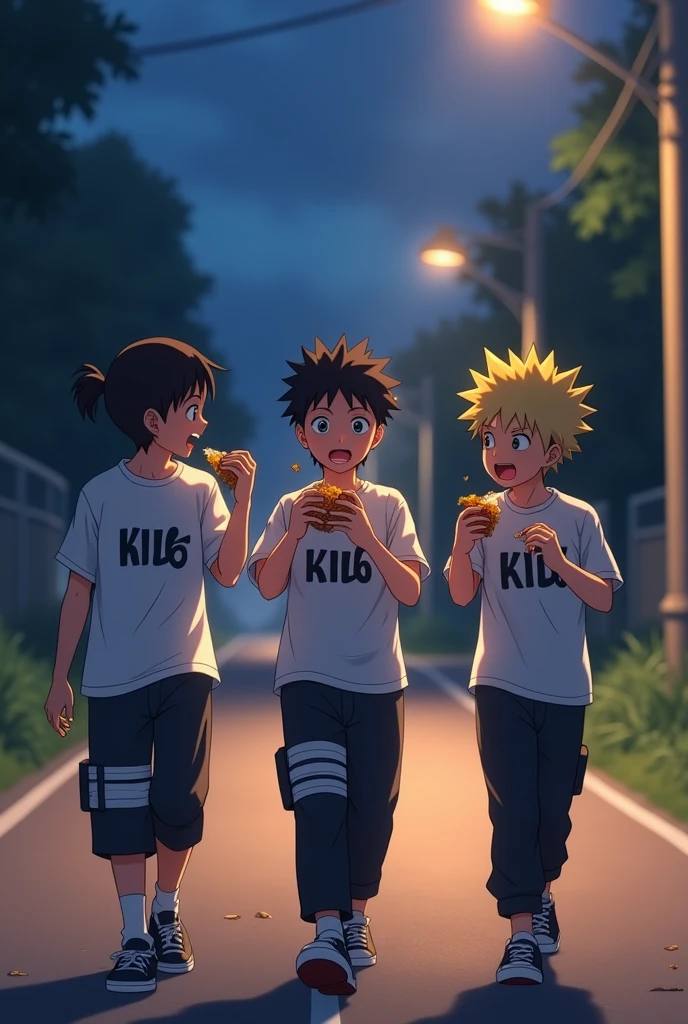 Three friends walking on road having some chips while eating  all are boys mentioned their name on shirt ,fahad ,hussain and umair  in the Early night time and put lamps on sides od road for lights  replce the name put anime character now fight between them