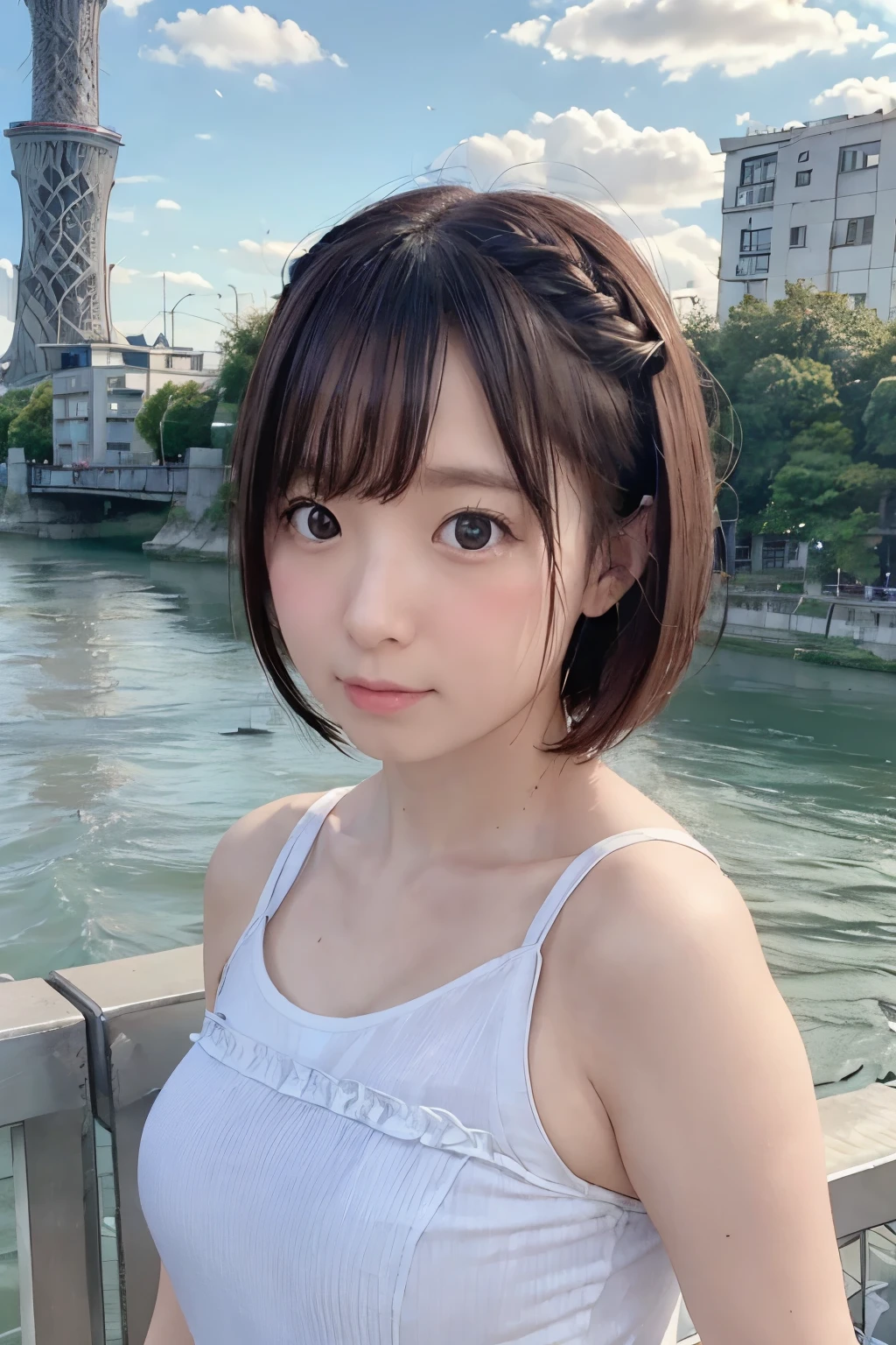 8K, RAW Photo, Best Quality, Masterpiece, Realistic, PhotoRealistic, Extremely Detailed 8k Wallpaper, Beautifully Detailed Eyes, Finely Detailed Face, 
 BREAK 
Professional Lighting, 
 BREAK 
(((s-bridge + building + cloud + scenery + bluesky + s-river + t-skytree:1.7))), 
 BREAK 
Perfectly Anatomically Correct:1.4, 
 BREAK 
1 Girl, 
Very Short Hair Bun:1.2, Symmetrical Clear Eyes:1.1, Captivating Eye Reflections:1.1, 
(Kawaii), [Japanese], Wide-Set Eyes, Big Eyes, Tareme, (White Skinned), Embarrassed, Blush, Very White Skinned, 1, 
(Round Face, Round Chin), Wet Hair, Messy Hair, Open Mouse Slightly, [Pouted Cheek], 
Cheerful, 
Random SHIMAMURA Summer Clothes, 
Looking Back Viewer, 
 BREAK 
SFW:1.0, 
 BREAK 
Long Shot:1.6, Dynamic Angle, Bokeh:1.2