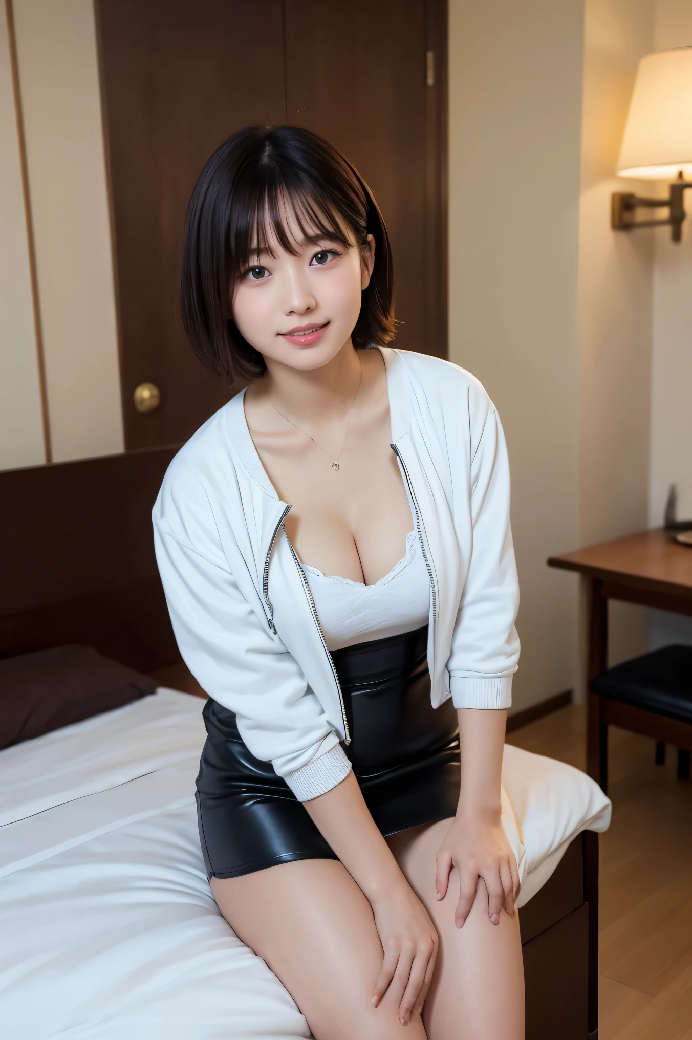 Tabletop, Highest quality, Ultra-high resolution,(Realistic:1.4) (Written boundary depth),(Lens Glow) ,1, white Jacket、White half-nasi:1.4, People in the background、motel room, Japanese people women:1.3、short hair, A shy smile、mouth half open、Overchange、Tight black leather Skirt:1.5、Sexy thighs:1.5、Healthy body shape、Beautiful bare legs、Rough skin、Full Body Shot、Cleavage、、Fair skin、Multiple moles、blush:1.5、Shooting from below、little fat, short height