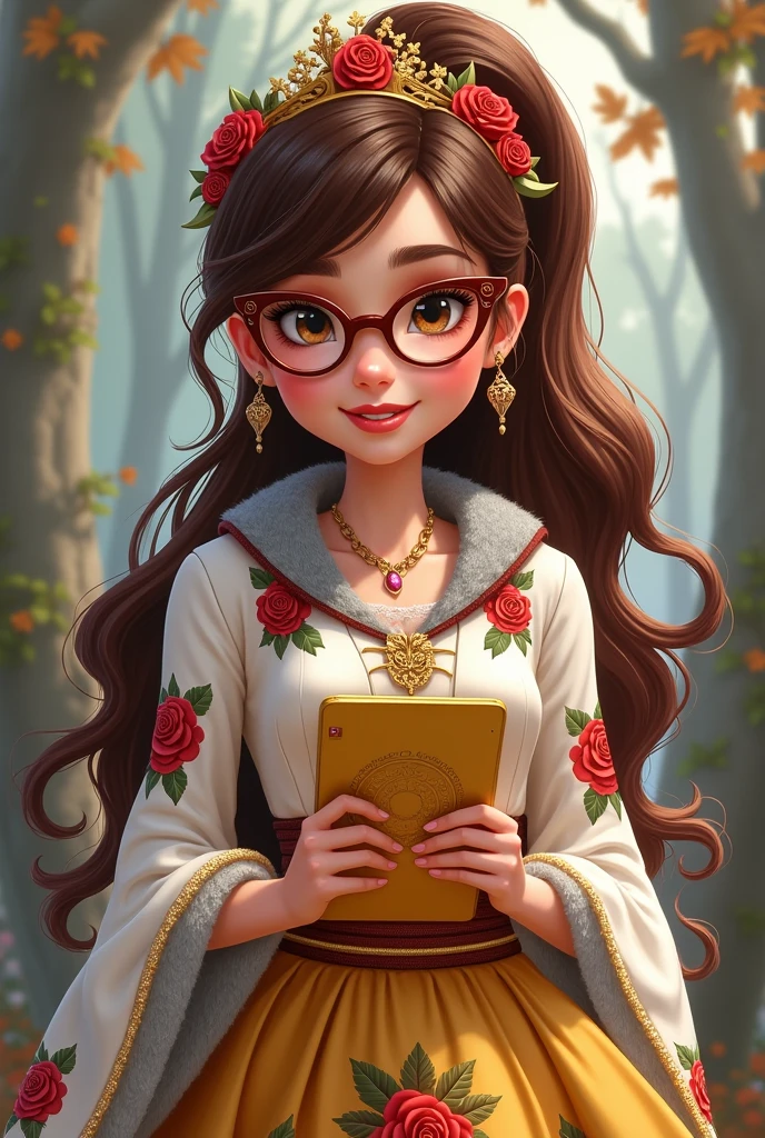 Imagem da filha da Ramona Badwof e da Rosabella Beauty de Ever After High: Must have the wavy brown ponytail with bangs, and it&#39;s to have red highlights in the hair, first of all, light brown eyes, brown glasses with a red rose, long white blouse with red roses and green leaves on the blouse and sleeves, golden skirt with golden roses, a faux fur collar around the neck of gray color, brown high heel boots with roses, golden flower tiara on head, wolf earrings, wolf pendant and a yellow tablet with red roses in hands