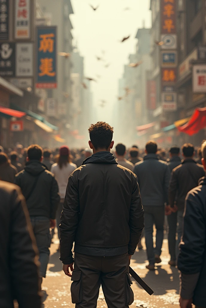A man standing in road in the craze of people and he is standing opposite to people and people are moving realistic real photo
