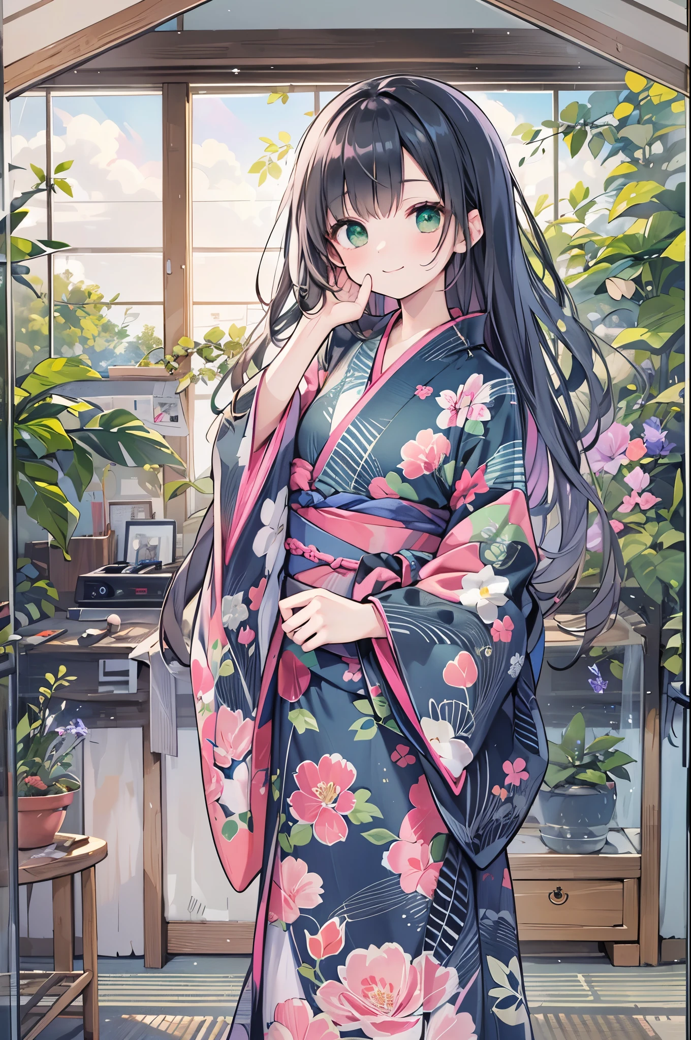 ((Highest quality, 8k, masterpiece: 1.3)), whole body,1 personの,1 person,,Glamorous Body,cute,smile,Black Hair,Beautiful emerald green eyes,long hair,((yukata,Shin-length hem,Bright pink fabric with morning glory pattern)),night,In the room,