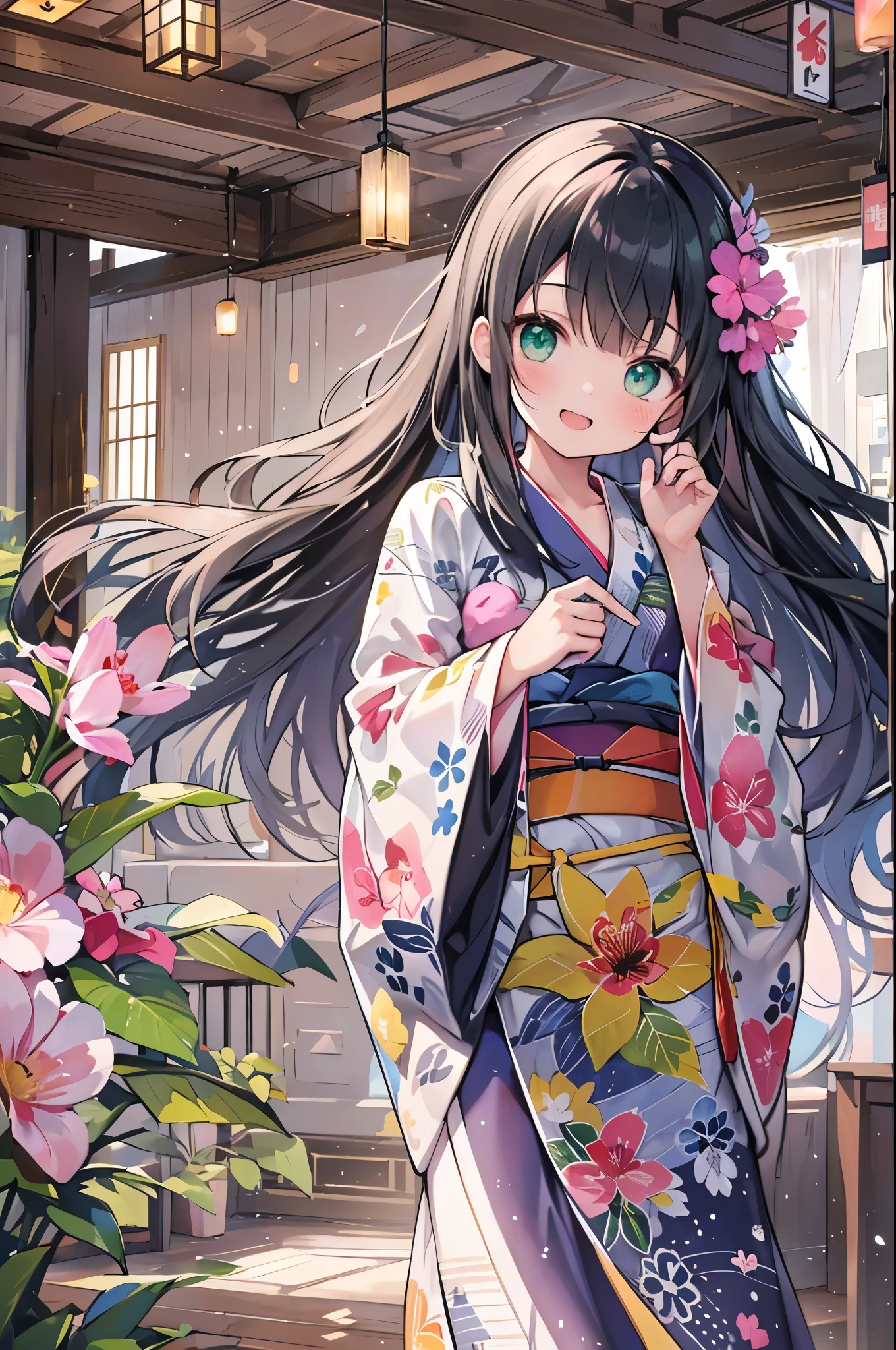 ((Highest quality, 8k, masterpiece: 1.3)), whole body,1 personの,1 person,,Glamorous Body,cute,smile,Black Hair,Beautiful emerald green eyes,long hair,Whole body,((yukata,Shin-length hem,Bright pink fabric with morning glory pattern)),night,In the room,