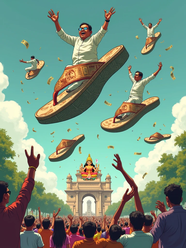 Create a comical image of TMC politicians flying over Kolkata on giant chappals (sandals) made of real Indian rupees. Below them, the citizens are throwing back their own chappals, trying to bring them down. The backdrop features Kolkata’s skyline, complete with the Victoria Memorial and a Durga idol holding a ‘Vote for TMC’ placard instead of traditional weapons.