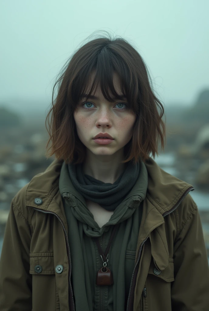wasteland, Fallout, 1 girl, dressed as an asylum seeker, Brown hair, layered bob haircut, grey eyes, whole body, from below, cinematic angle, Looking down, I look at the viewer, cloudy sky, overcast, depth of field, blurred background, cinematic, cinematic, high budget, (masterpiece), (Best quality), (ultra detailed), very aesthetic, perfect composition, complex parts