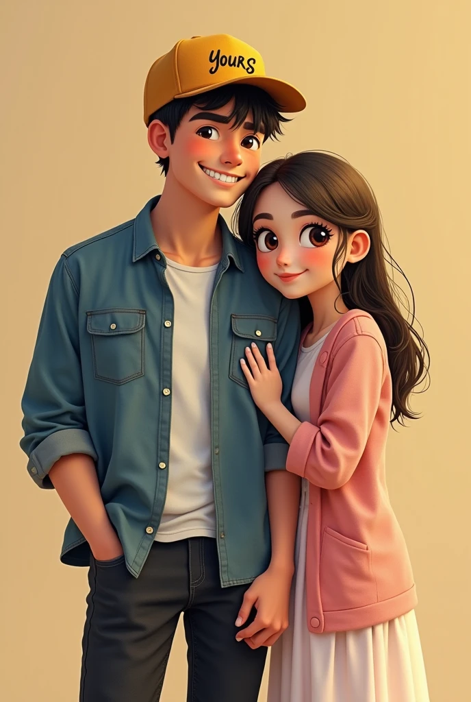 A guy wearing a rusty blue shirt and a yellow cap that has YOURS written in black infront of it and is wearing a black jeans whose left hand is held by a cute and chubby girl who is wearing a light pink and white colored long dress that has a elbow length light pink colored coatie and her hair is open and comes about lower than her shoulders and she is resting her head over the guys shoulder and facing us at the front and both are happy and in Love with each other both the guy and the girl are facing front screen and with a smile girls eyes are also facing front and their height is same with the guy being an inch taller than the girl