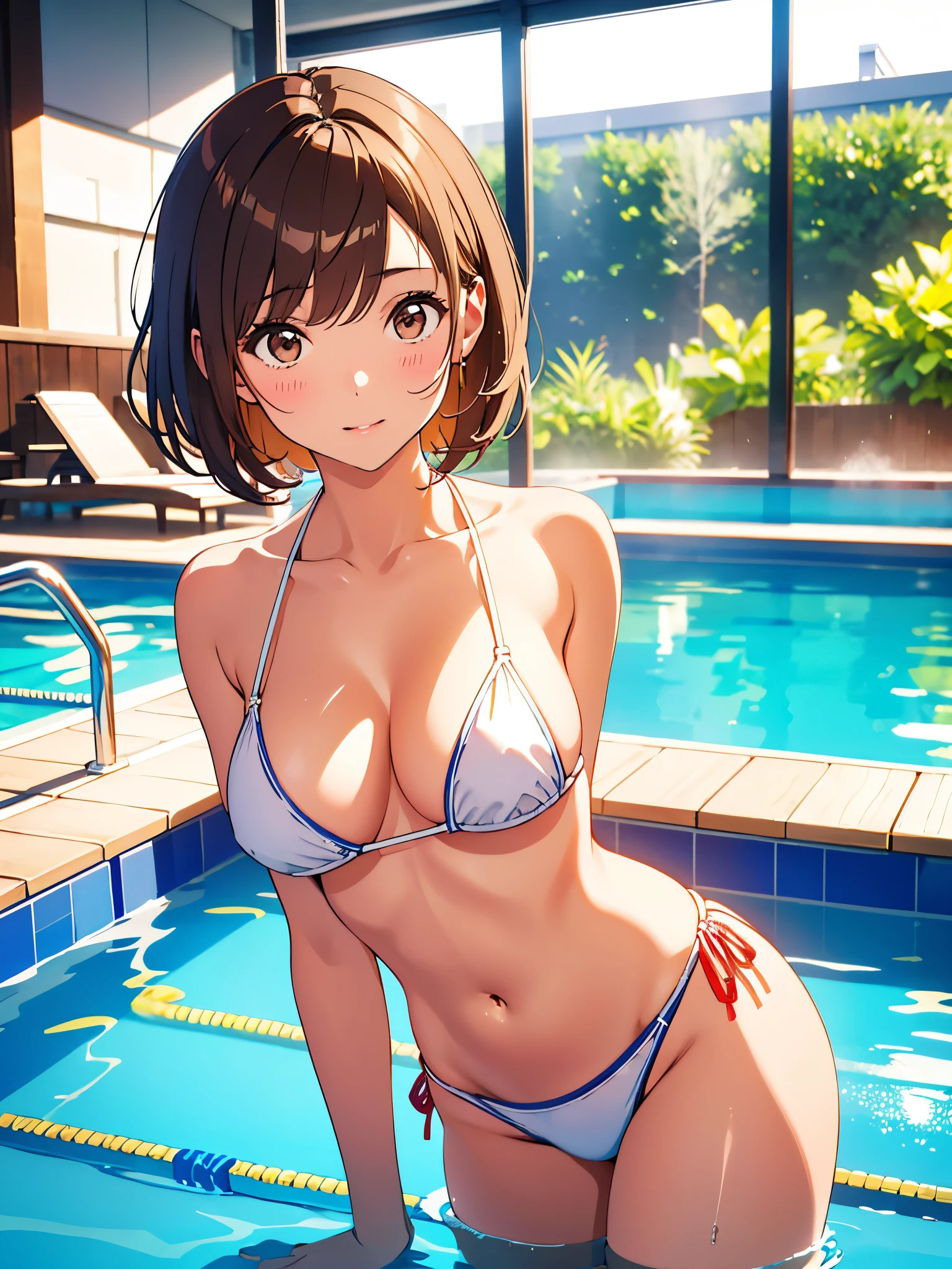 1girl, solo, (short height), forehead, ((disproportional breasts)), large breasts, slender body, swimsuit, (((micro bikini))), (g-string), oily skin, tanned skin, squating, spread legs, arms behind back, poolside, night pool, blush, wet body, steam, 