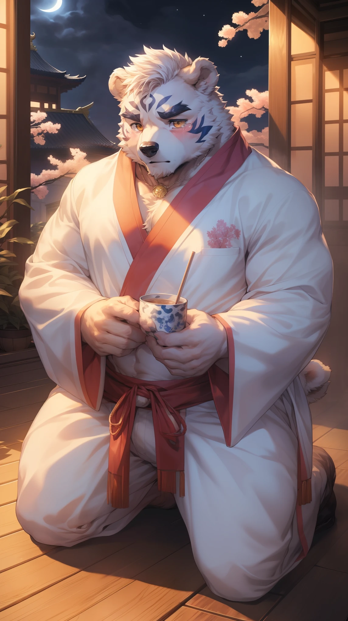 (By Empty Ghost, From thebigslick, By Dark Gem, Will chase), Keyuan Building (Onmyoji Daisenji Temple), High quality photos, Perfect anatomical structure, Anthropomorphic white bear, male, 20 years old, (bear print), Thick eyebrows, short hair, Strong body, Pectoralis major, White Kimono, Cherry blossom pattern embellishment, Small bump, Pink milk clusters, Kneeling on the wooden floor of the courtyard, Drink tea, Sad expression, Tears, blush, Golden pupils, Look up at the audience, Clear facial features, Strong, solitary, Bottom view, Full body portrait, night, Foggy atmosphere, In the classical garden, refreshment, White pebbles can be seen everywhere, wild plants, (By Empty Ghost, From bear20, masterpiece, high quality, high resolution, 8k)