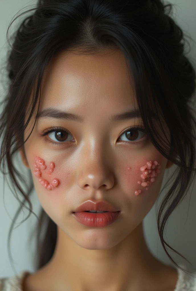 A lady with big forehead and pimples on her chin