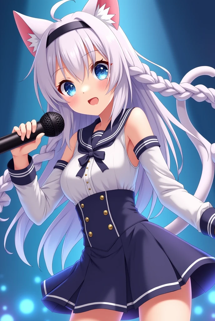 magic girl and a famous idol with long hair in braids with two straight bangs and cat ear and tail, blue eyes, holding a microphone, waring a skirt