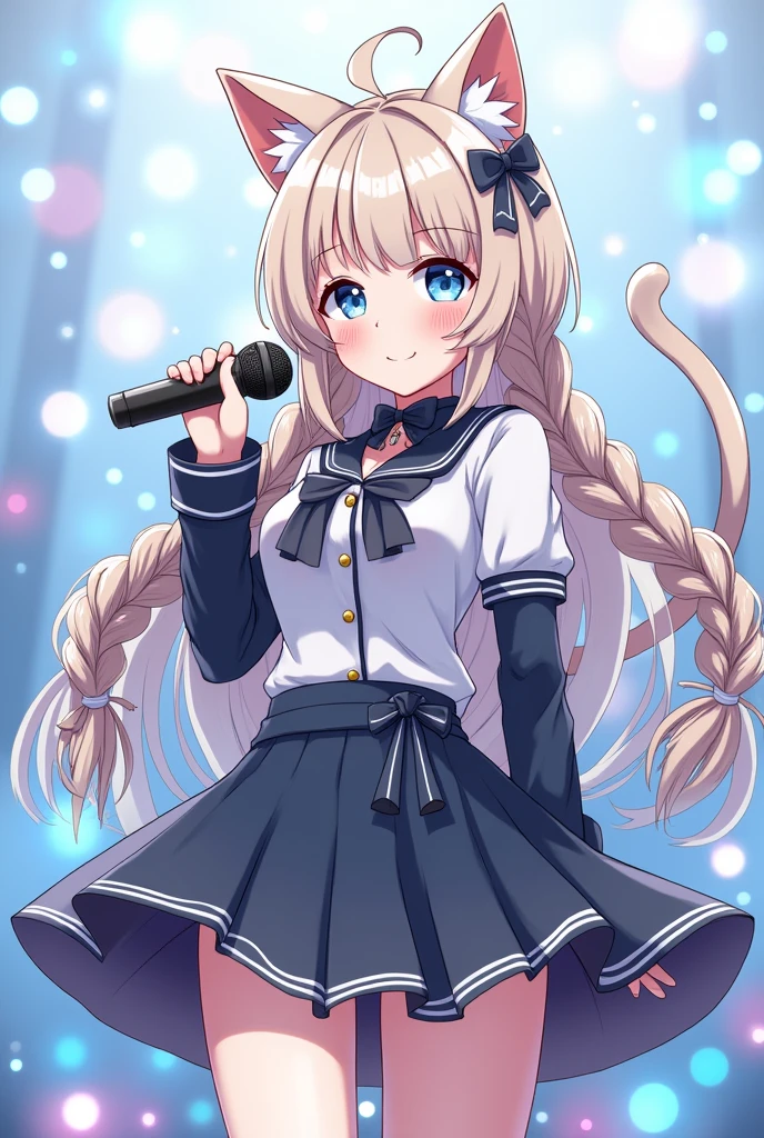magic girl and a famous idol with long hair in braids with two straight bangs and cat ear and tail, blue eyes, holding a microphone, waring a skirt
