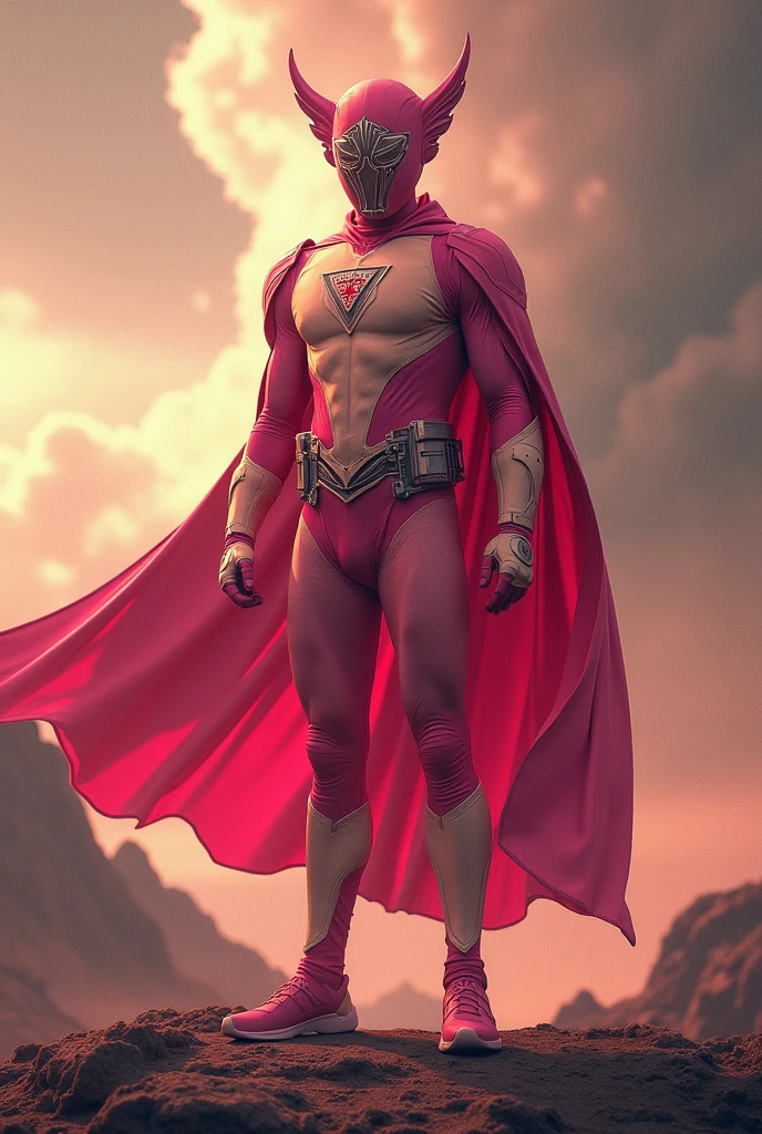 high-tech suit, posterize effects, malaysian superhero (KELUANG MAN) in a striking pink and beige costume cyberpunk design, jumpsuit dark pink stands confidently in a dramatic, stormy landscape. ((Head covered node guard))The character wears a helmet with pointed ears and a flowing cape. Equipped with visible futuristic weapons on a belt, they exude a powerful presence against a backdrop of swirling clouds and a red hue sky.logo on chest triangle shape punisher center on chest pink logo . The ground is uneven and rocky, adding to the intense atmosphere. --ar 3:4 --style raw --stylize 500 --v 6.1